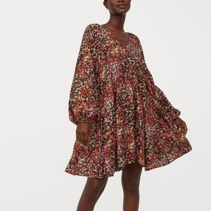 H&M Wide-cut Floral Dress Fall Orange small medium